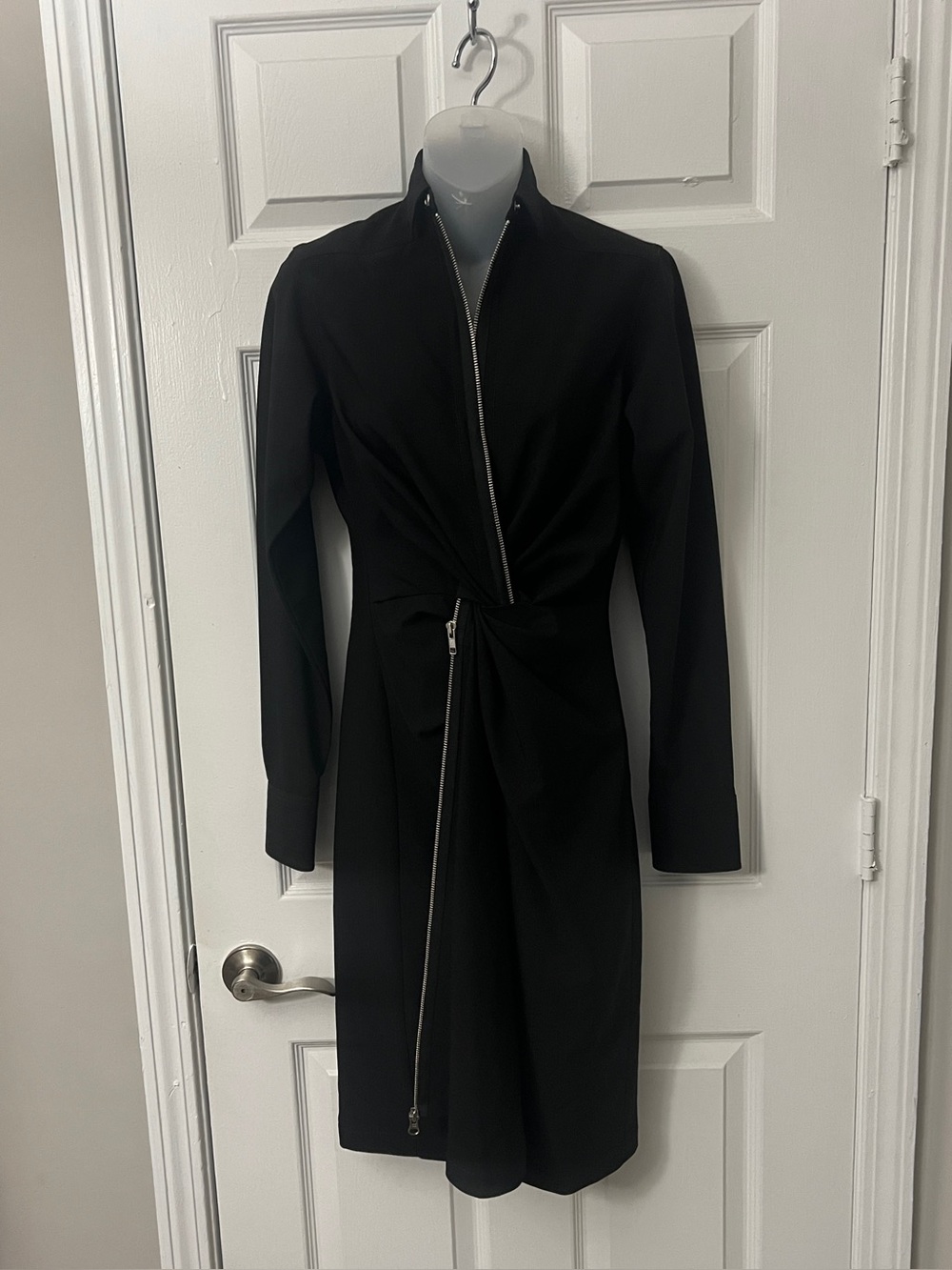 Byron Lars Zipper Twist Front Dress Size 6 Black Long Sleeve Collared V Neck